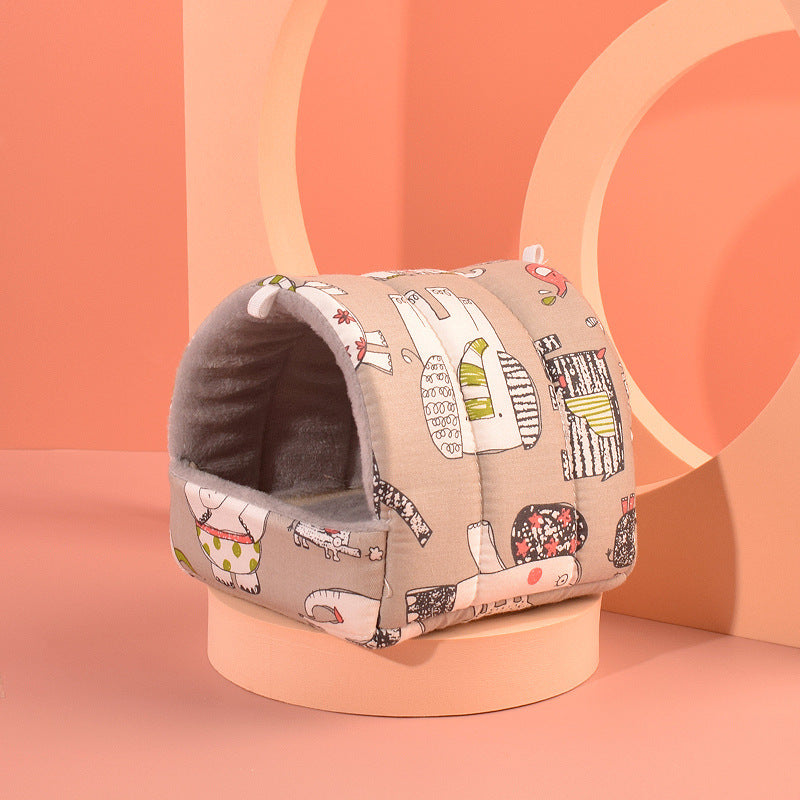 Cozy cotton velvet hamster nest in fun animal design, perfect for small pets. Available in various sizes.