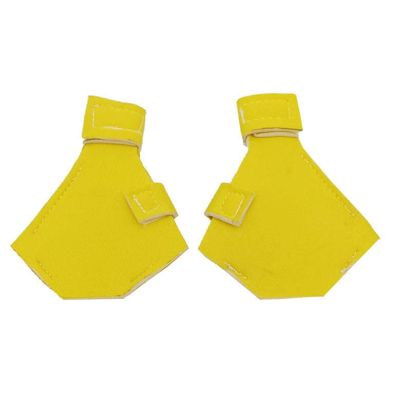 Pair of yellow protective shoes for ducks, designed to keep their feet safe during outdoor activities.