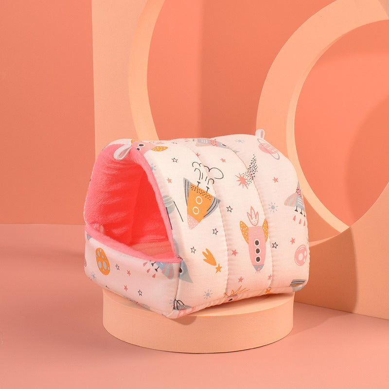 Cozy hamster nest in fun animal designs, soft cotton velvet for small pets, available in multiple sizes.